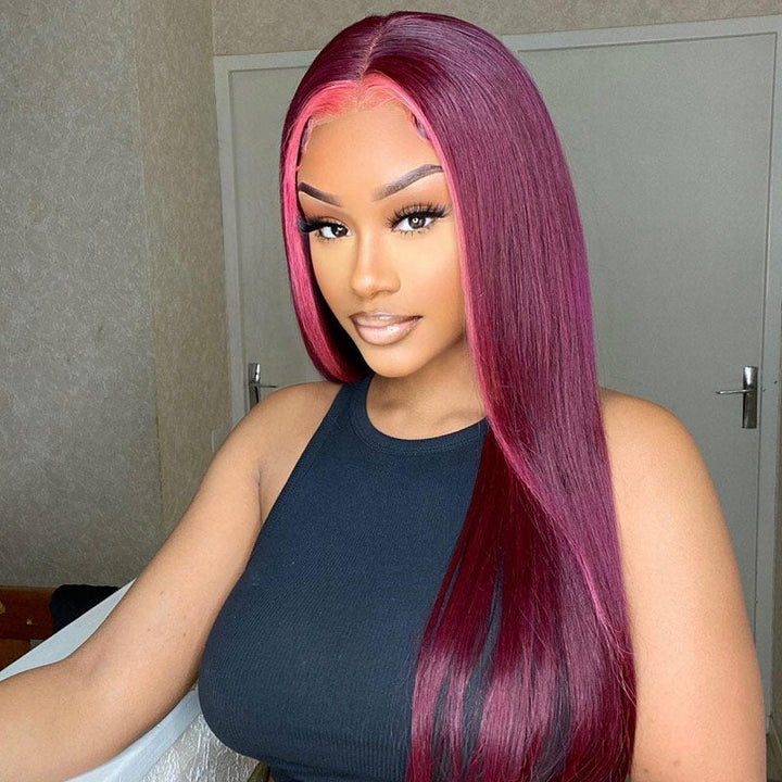Stunk Stripe 13x4/4x4 HD Lace Wig 99J Burgundy Hair With Pink Streaks Highlight Straight Hair Lace Front Wig 100% Human Hair Lace Closure Wig- Daisy Hair