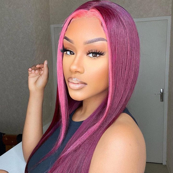 Stunk Stripe 13x4/4x4 HD Lace Wig 99J Burgundy Hair With Pink Streaks Highlight Straight Hair Lace Front Wig 100% Human Hair Lace Closure Wig- Daisy Hair