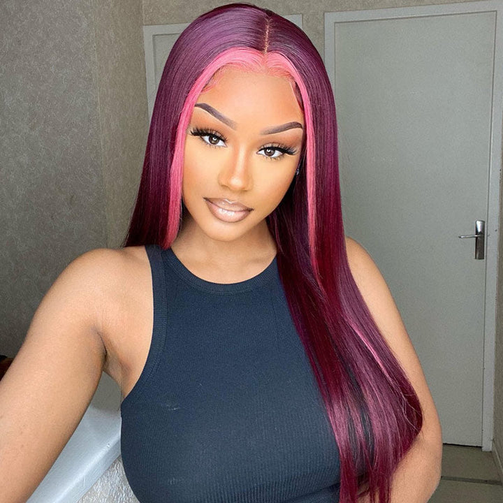 Stunk Stripe 13x4/4x4 HD Lace Wig 99J Burgundy Hair With Pink Streaks Highlight Straight Hair Lace Front Wig 100% Human Hair Lace Closure Wig- Daisy Hair