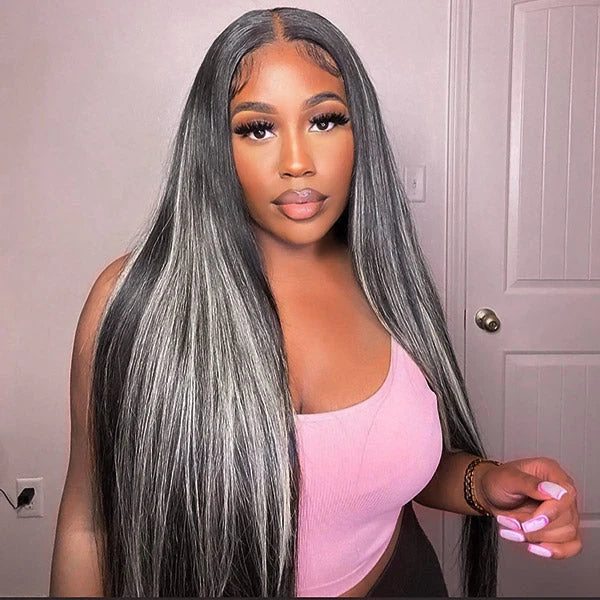 Platinum Gray Highlight 13x4 HD Lace Wig Straight Hair Black With Blond Highlights Lace Front Wig Plucked Natural Hairline With Baby Hair- Daisy Hair