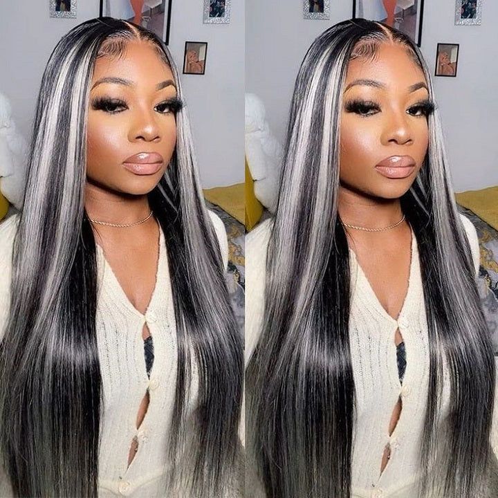 Platinum Gray Highlight 13x4 HD Lace Wig Straight Hair Black With Blond Highlights Lace Front Wig Plucked Natural Hairline With Baby Hair- Daisy Hair