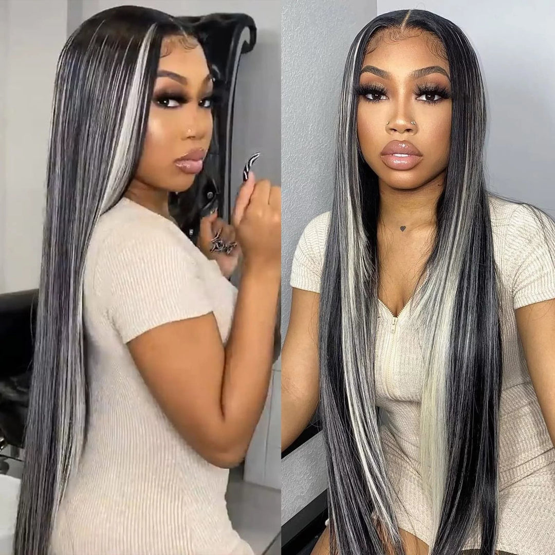 Platinum Gray Highlight 13x4 HD Lace Wig Straight Hair Black With Blond Highlights Lace Front Wig Plucked Natural Hairline With Baby Hair- Daisy Hair