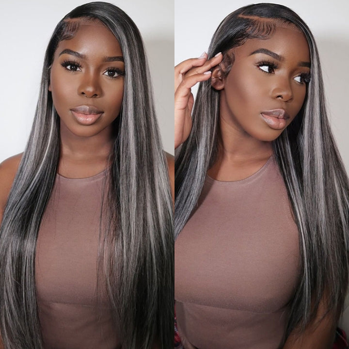 Platinum Gray Highlight 13x4 HD Lace Wig Straight Hair Black With Blond Highlights Lace Front Wig Plucked Natural Hairline With Baby Hair- Daisy Hair