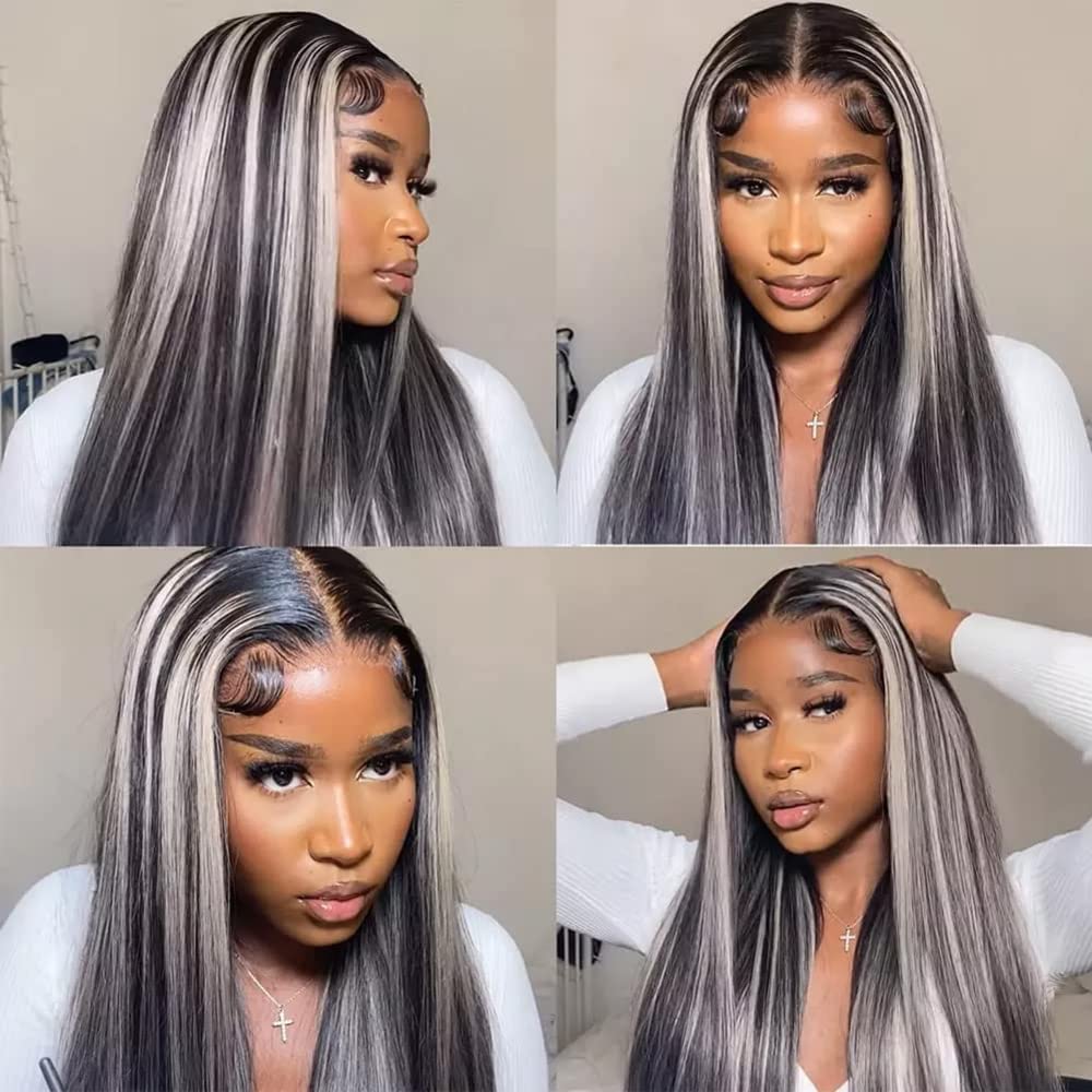 Platinum Gray Highlight 13x4 HD Lace Wig Straight Hair Black With Blond Highlights Lace Front Wig Plucked Natural Hairline With Baby Hair- Daisy Hair