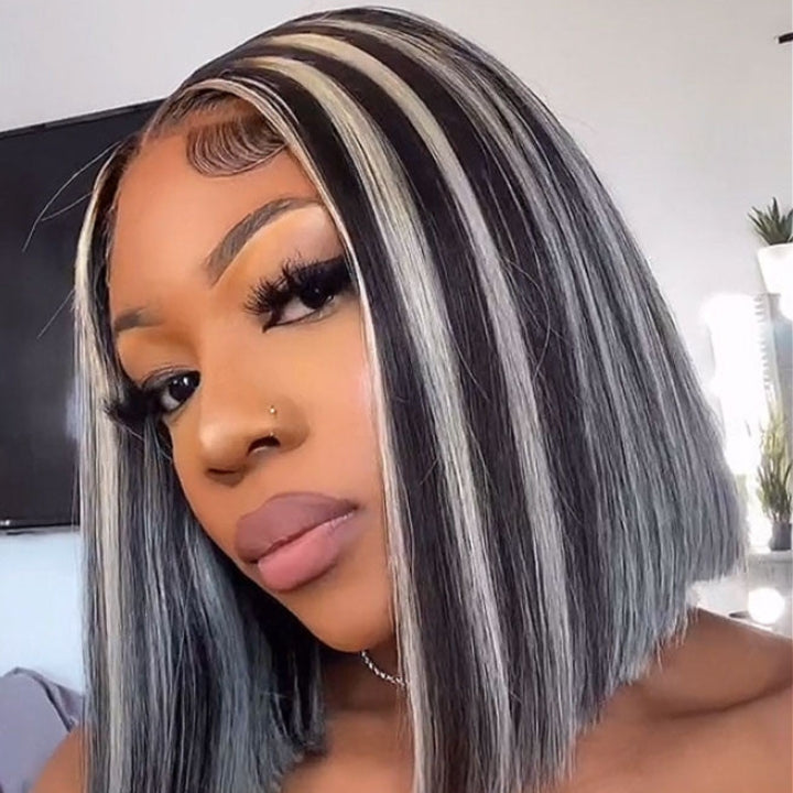 Platinum Highlight Grey 13x4/4x4 Lace Front Bob Wigs Highlights Color Brazilain Straight Human Hair Wigs Daisy Hair