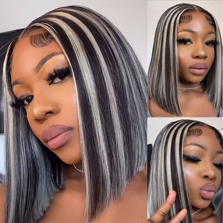 Platinum Highlight Grey 13x4/4x4 Lace Front Bob Wigs Highlights Color Brazilain Straight Human Hair Wigs Daisy Hair