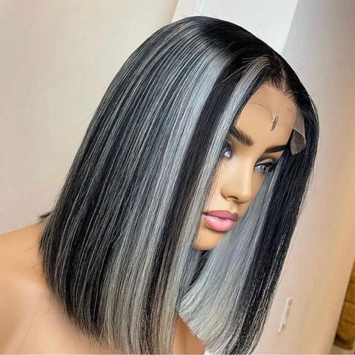 Platinum Highlight Grey 13x4/4x4 Lace Front Bob Wigs Highlights Color Brazilain Straight Human Hair Wigs Daisy Hair