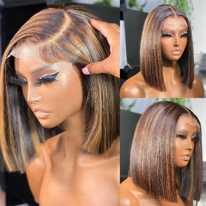 Pre Bleached Knots Highlight Bob Wig Human Hair Straight 13x4 Lace Frontal Wig 180% Density Pre Plucked Daisy Hair