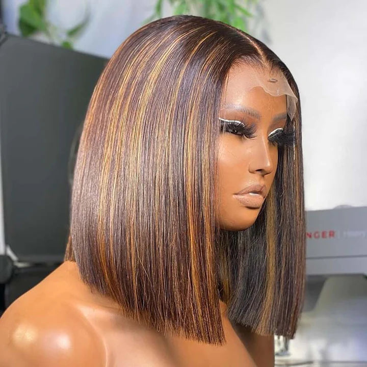 Pre Bleached Knots Highlight Bob Wig Human Hair Straight 13x4 Lace Frontal Wig 180% Density Pre Plucked Daisy Hair