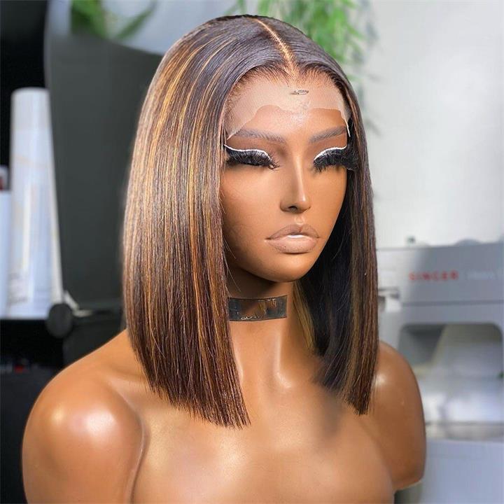 Pre Bleached Knots Highlight Bob Wig Human Hair Straight 13x4 Lace Frontal Wig 180% Density Pre Plucked Daisy Hair