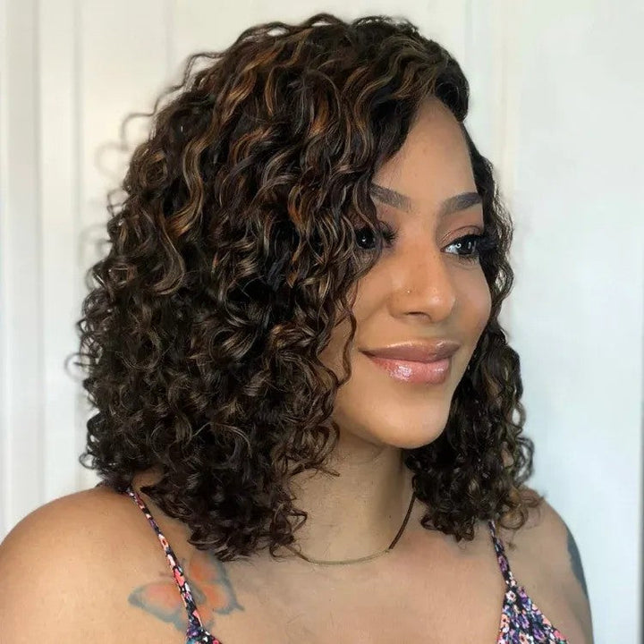 Pre Bleached Knots Highlight Curly Bob Wig Human Hair Pre Plucked C Shape Lace Wig 180% Density Daisy Hair