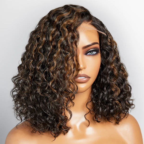 Pre Bleached Knots Highlight Curly Bob Wig Human Hair Pre Plucked C Shape Lace Wig 180% Density Daisy Hair