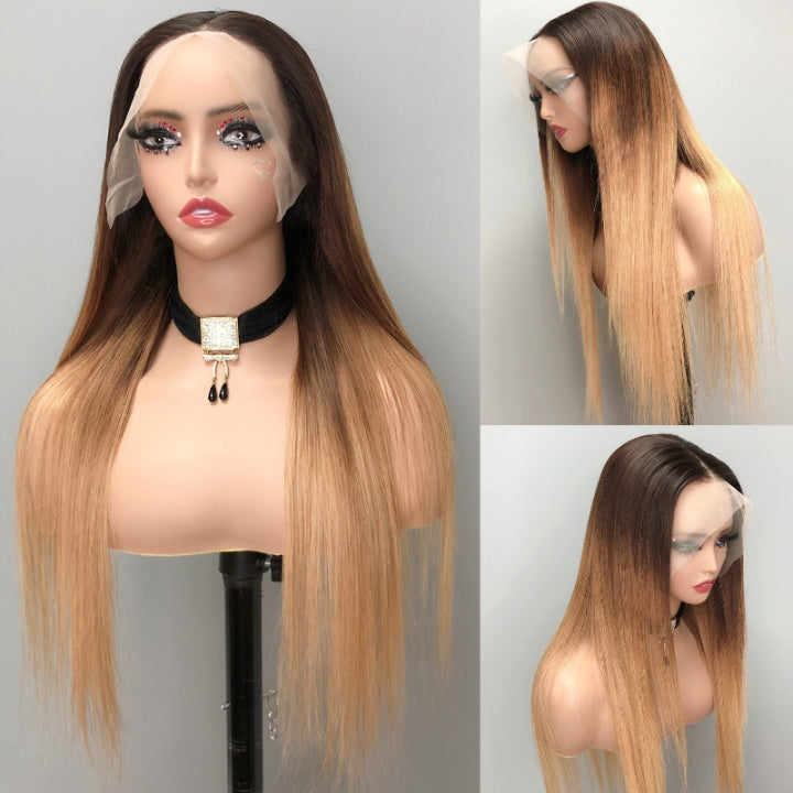 Pre Bleached Knots Ombre Straight T1B/4/27 Lace Front Wig 13x4 HD Lace Frontal Wigs 180% Density-Daisy Hair