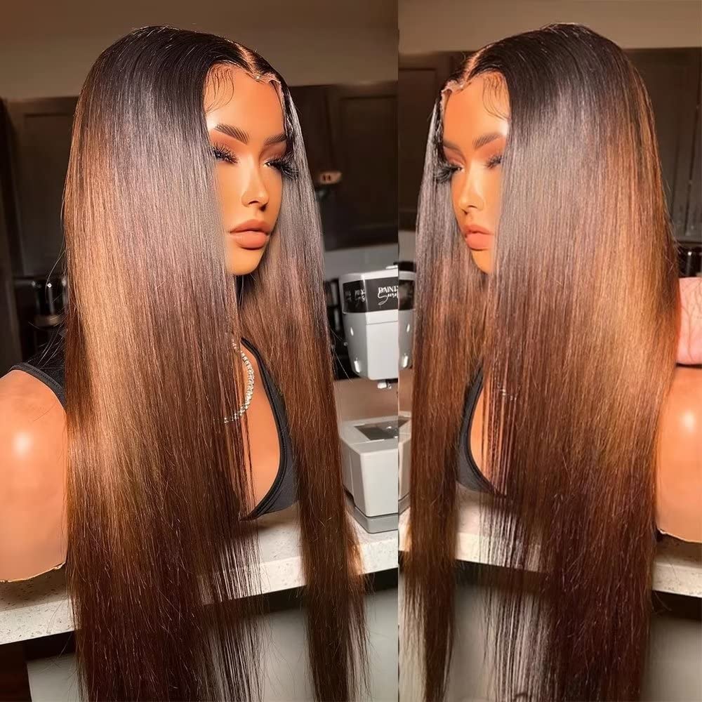 Brown Straight Glueless Wigs T1B/2/4 Ombre 13X4 Lace Front Wig Human Hair Pre Plucked Daisy Hair