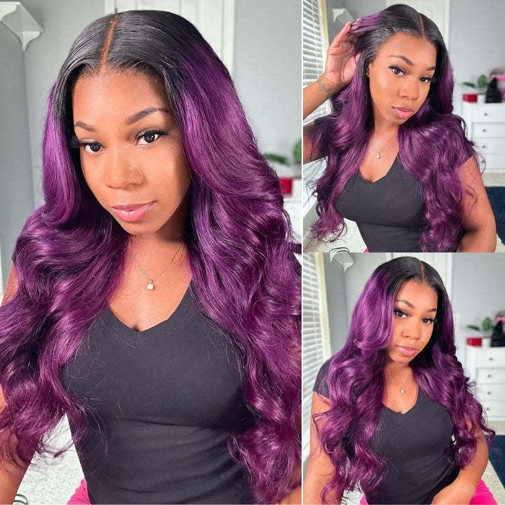 Smokey Purple 13x4 Lace Front Body Wave Wig With Black Roots Ombre Funky Colored HD Lace Human Hair Wigs-Daisy Hair