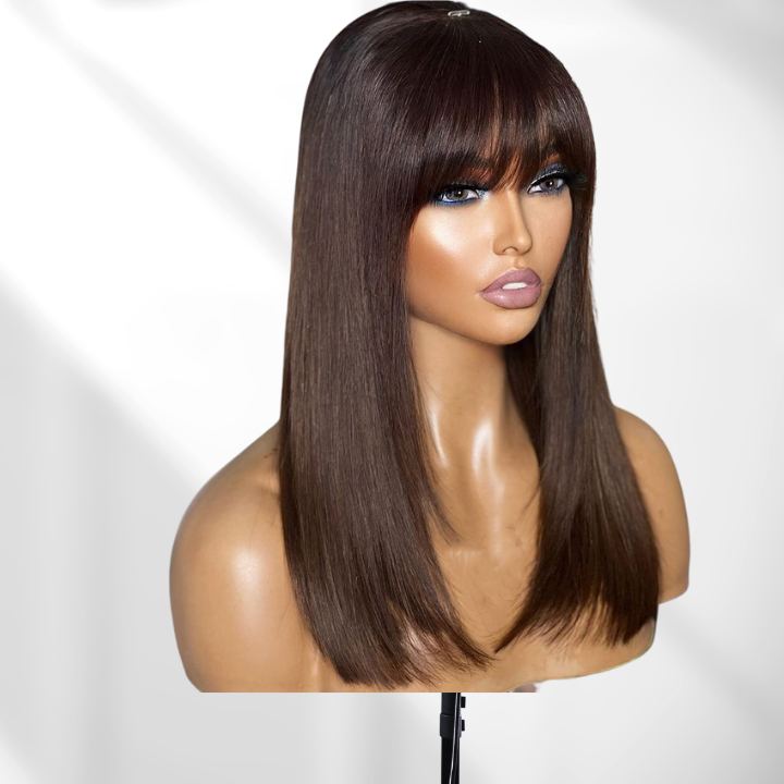 Put On&Go Brown Straight Glueless 5x5 HD Lace Wig With bangs Easy to Wear Lace Human Hair Wigs- Daisy Hair
