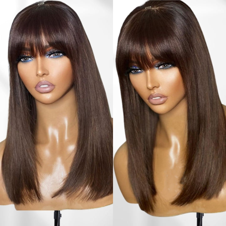 Put On&Go Brown Straight Glueless 5x5 HD Lace Wig With bangs Easy to Wear Lace Human Hair Wigs- Daisy Hair