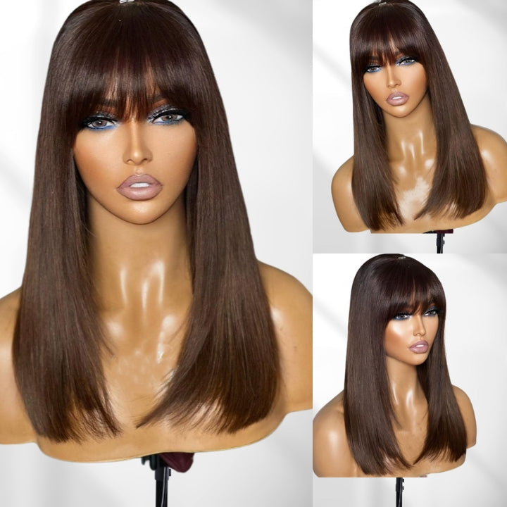 Put On&Go Brown Straight Glueless 5x5 HD Lace Wig With bangs Easy to Wear Lace Human Hair Wigs- Daisy Hair