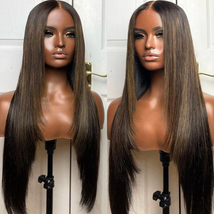 Put On&Go Light Brown With Blonde Straight Glueless 5x5 HD Lace Wig With bangs Highlight Colored Easy to Wear Human Hair Wigs- Daisy Hair