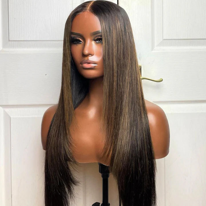 Put On&Go Light Brown With Blonde Straight Glueless 5x5 HD Lace Wig With bangs Highlight Colored Easy to Wear Human Hair Wigs- Daisy Hair
