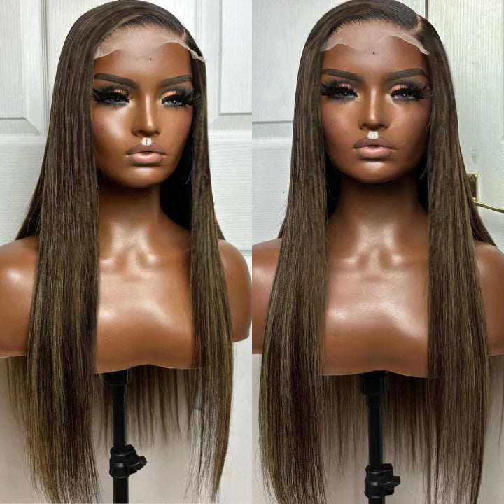 Put On&Go Light Brown With Blonde Straight Glueless 5x5 HD Lace Wig With bangs Highlight Colored Easy to Wear Human Hair Wigs- Daisy Hair