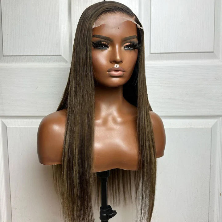 Put On&Go Light Brown With Blonde Straight Glueless 5x5 HD Lace Wig With bangs Highlight Colored Easy to Wear Human Hair Wigs- Daisy Hair