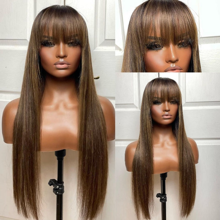 Put On&Go Light Brown With Blonde Straight Glueless 5x5 HD Lace Wig With bangs Highlight Colored Easy to Wear Human Hair Wigs- Daisy Hair