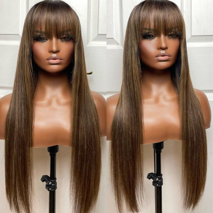 Put On&Go Light Brown With Blonde Straight Glueless 5x5 HD Lace Wig With bangs Highlight Colored Easy to Wear Human Hair Wigs- Daisy Hair