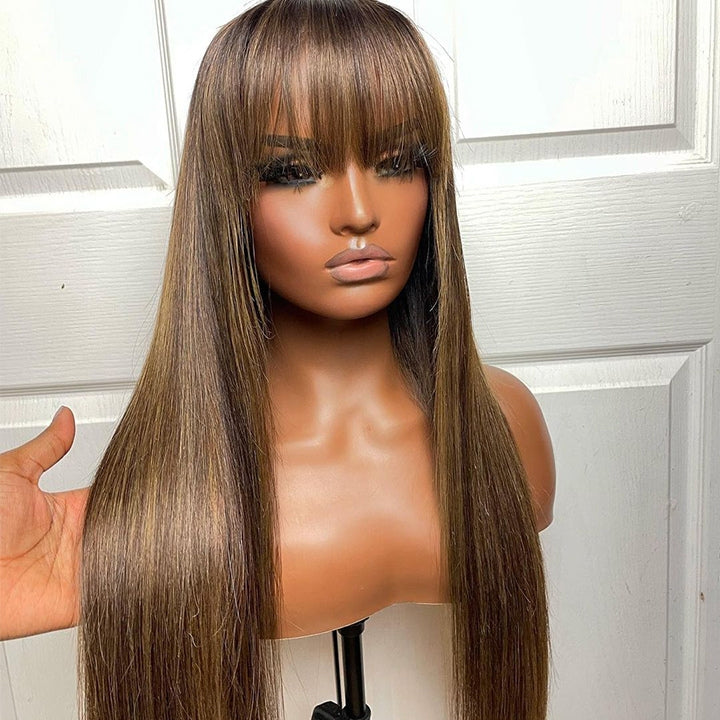 Put On&Go Light Brown With Blonde Straight Glueless 5x5 HD Lace Wig With bangs Highlight Colored Easy to Wear Human Hair Wigs- Daisy Hair