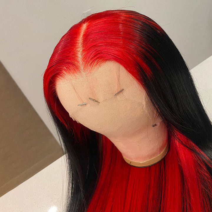 Sparkle Red Roots Long Straight Front Lace Wigs Colored Bone Straight Human Hair Wigs Daisy Hair