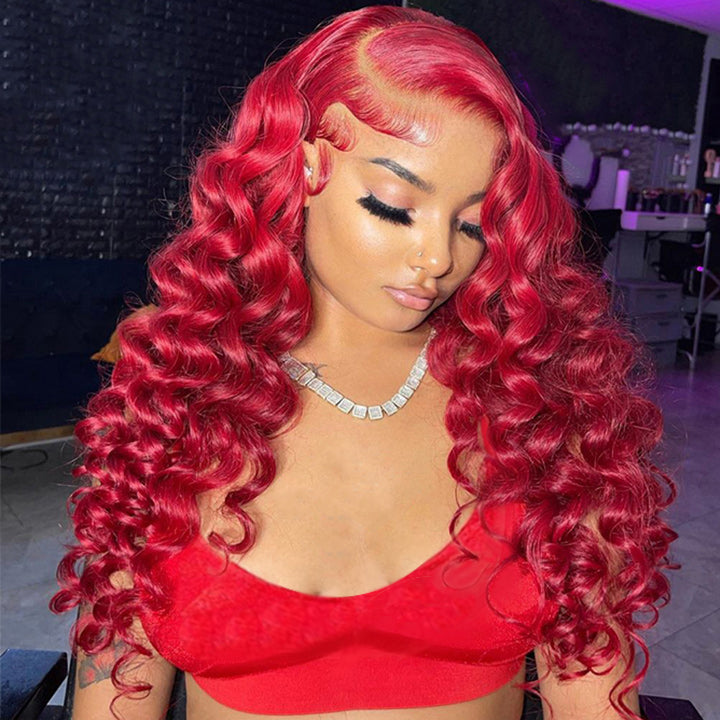 Red Loose Deep Wave Lace Front Wig Colored HD Transparent Lace Human Hair Wigs Daisy Hair