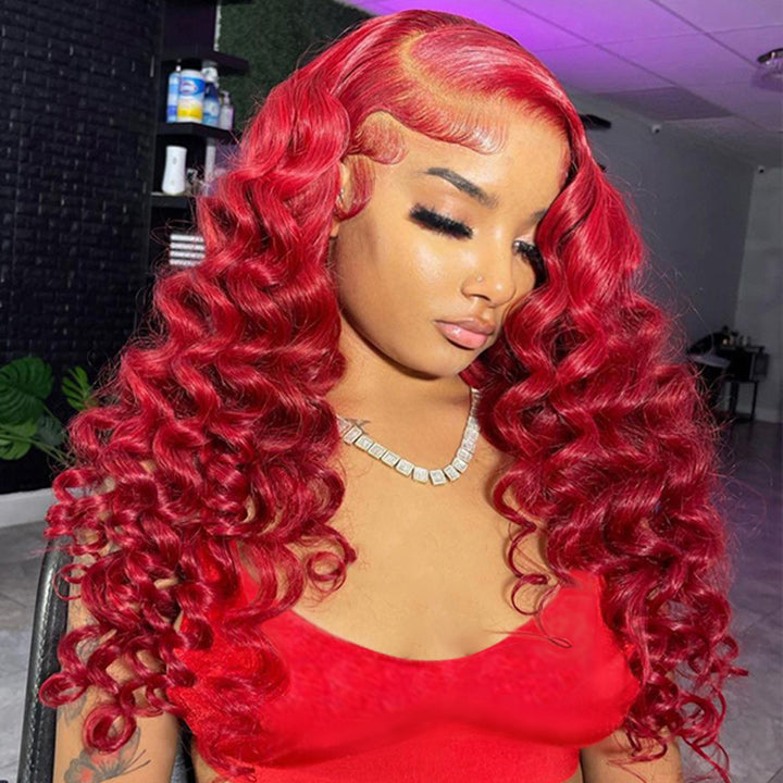 Red Loose Deep Wave Lace Front Wig Colored HD Transparent Lace Human Hair Wigs Daisy Hair