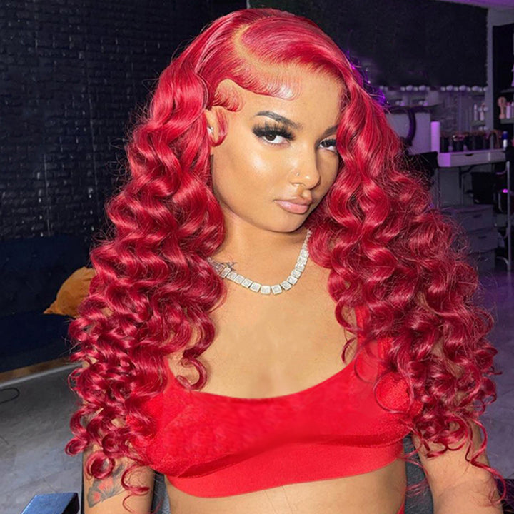 Red Loose Deep Wave Lace Front Wig Colored HD Transparent Lace Human Hair Wigs Daisy Hair