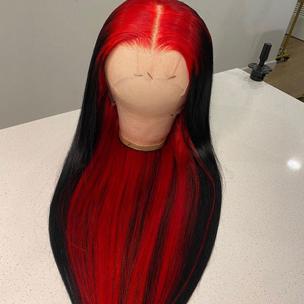 Sparkle Red Roots Long Straight Front Lace Wigs Colored Bone Straight Human Hair Wigs Daisy Hair