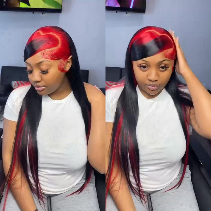 Sparkle Red Roots Long Straight Front Lace Wigs Colored Bone Straight Human Hair Wigs Daisy Hair