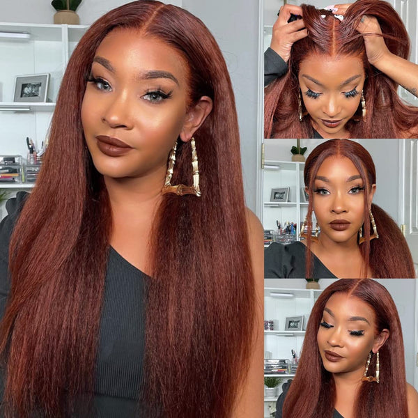 Reddish Brown 13x4/4x4 HD Transparent Lace Wig Kinky Straight Auburn Glueless Human Hair Wigs Daisy Hair