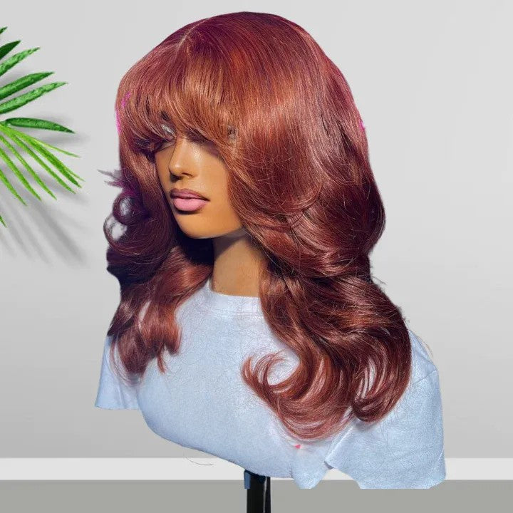 Body Wave Copper 13x4 Lace Front Bombshell Curls Light Layers Wispy Curtain Bangs Human Hair Bob Wigs-Geeta Hair Daisy Hair