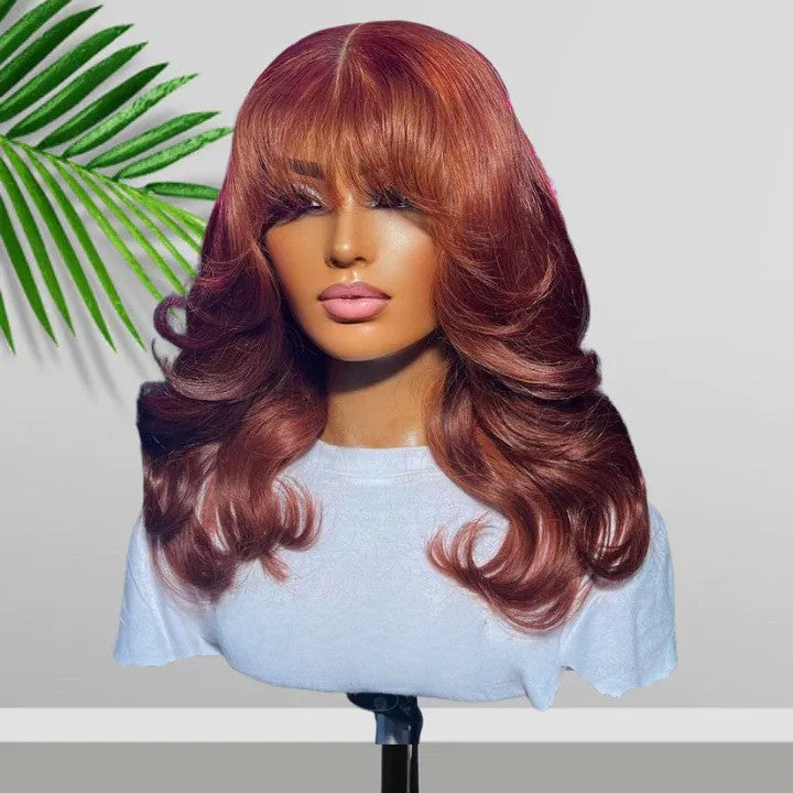 Body Wave Copper 13x4 Lace Front Bombshell Curls Light Layers Wispy Curtain Bangs Human Hair Bob Wigs-Geeta Hair Daisy Hair