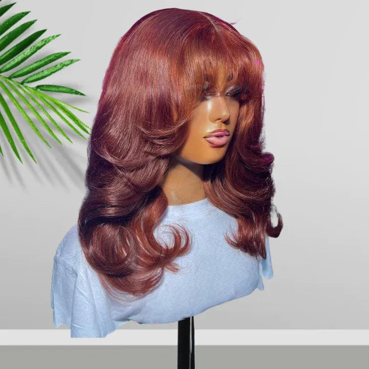 Body Wave Copper 13x4 Lace Front Bombshell Curls Light Layers Wispy Curtain Bangs Human Hair Bob Wigs-Geeta Hair Daisy Hair