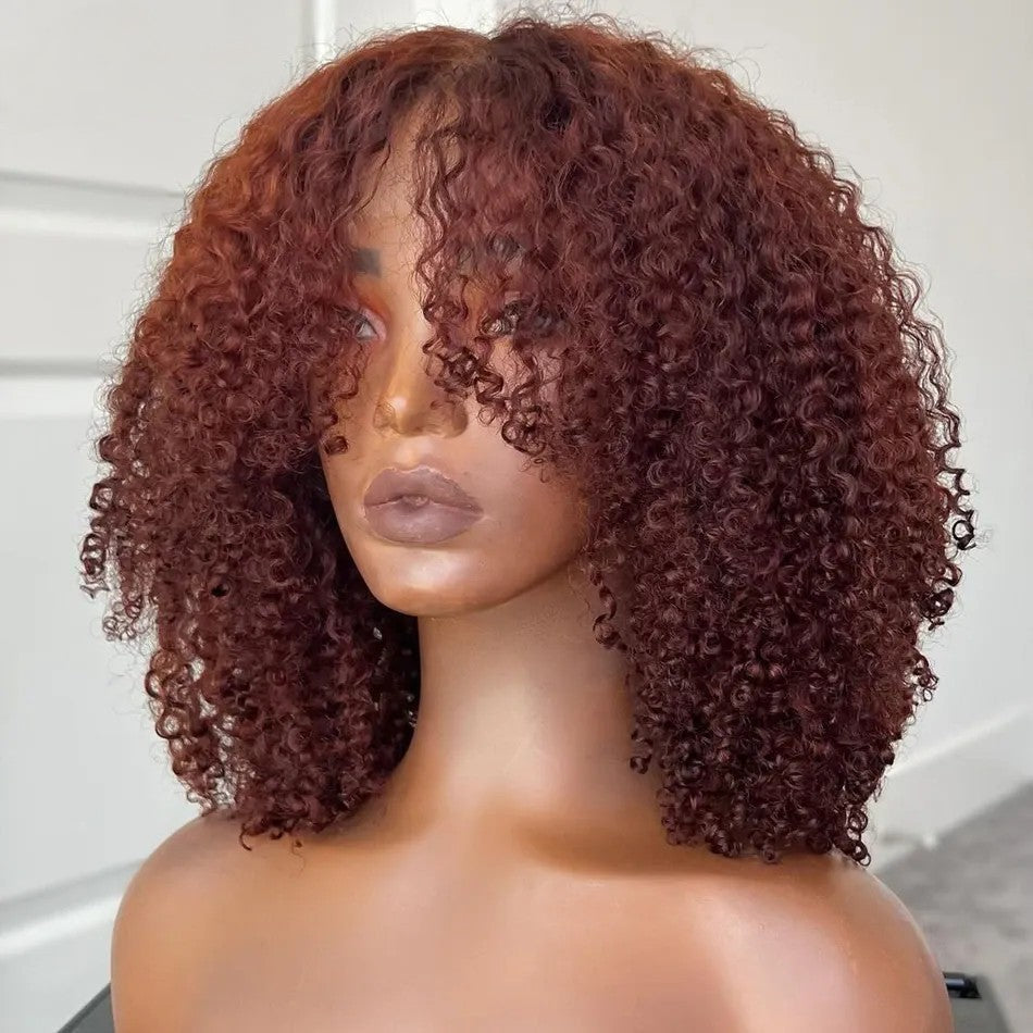 Curtain Bangs Glueless Wig Reddish Brown Human Hair Wig Copper Red Afro Kinky Curly Wig Daisy Hair
