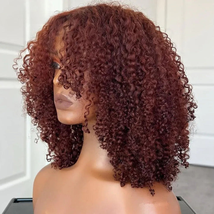 Curtain Bangs Glueless Wig Reddish Brown Human Hair Wig Copper Red Afro Kinky Curly Wig Daisy Hair