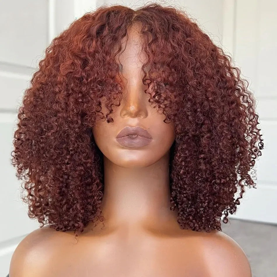 Curtain Bangs Glueless Wig Reddish Brown Human Hair Wig Copper Red Afro Kinky Curly Wig Daisy Hair