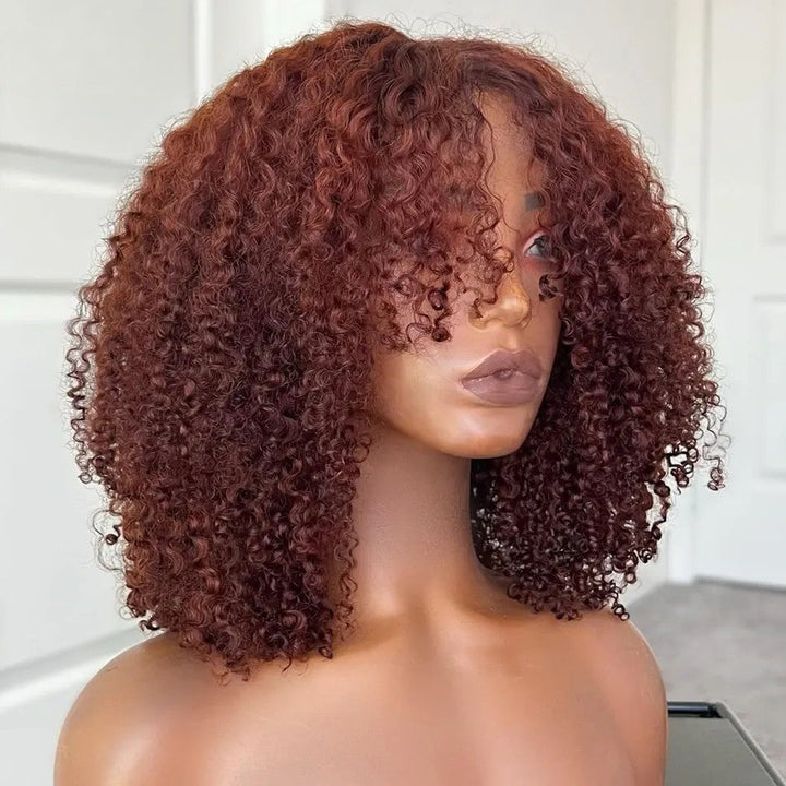 Curtain Bangs Glueless Wig Reddish Brown Human Hair Wig Copper Red Afro Kinky Curly Wig Daisy Hair