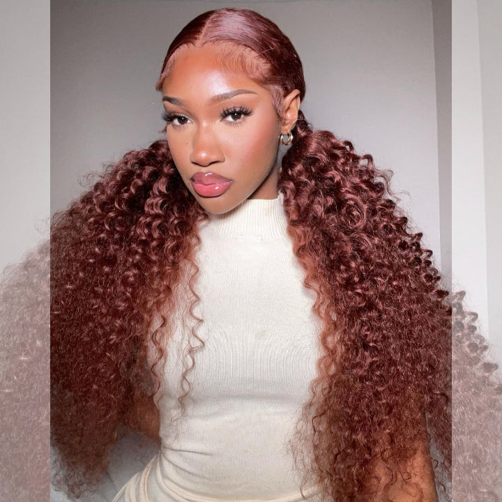 Reddish Brown Jerry Curly 13x4 HD Lace Front Wig Auburn Transparent Lace Human Hair Wigs Daisy Hair