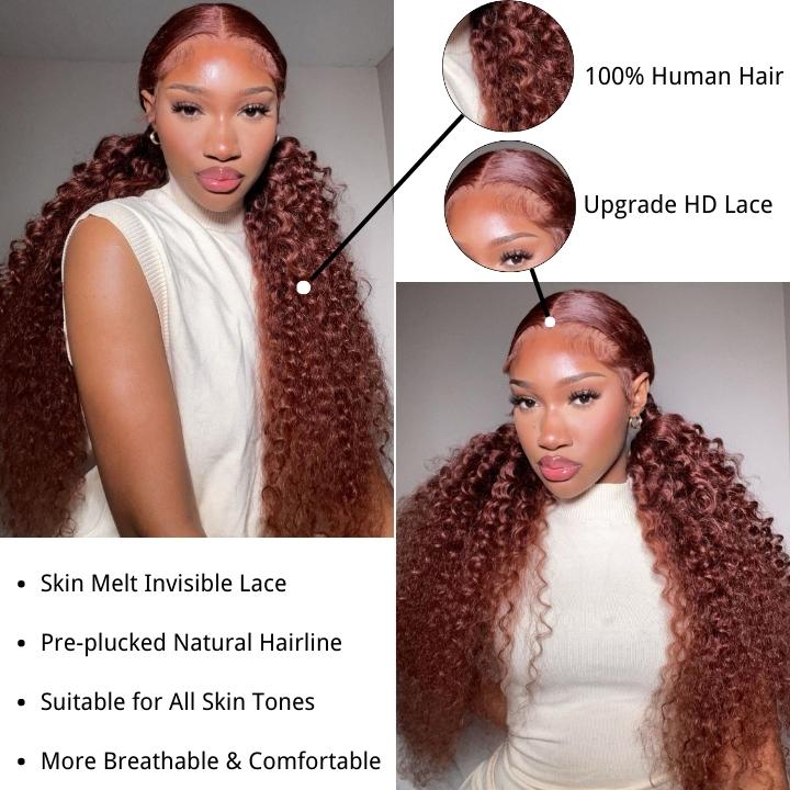 Reddish Brown Jerry Curly 13x4 HD Lace Front Wig Auburn Transparent Lace Human Hair Wigs Daisy Hair