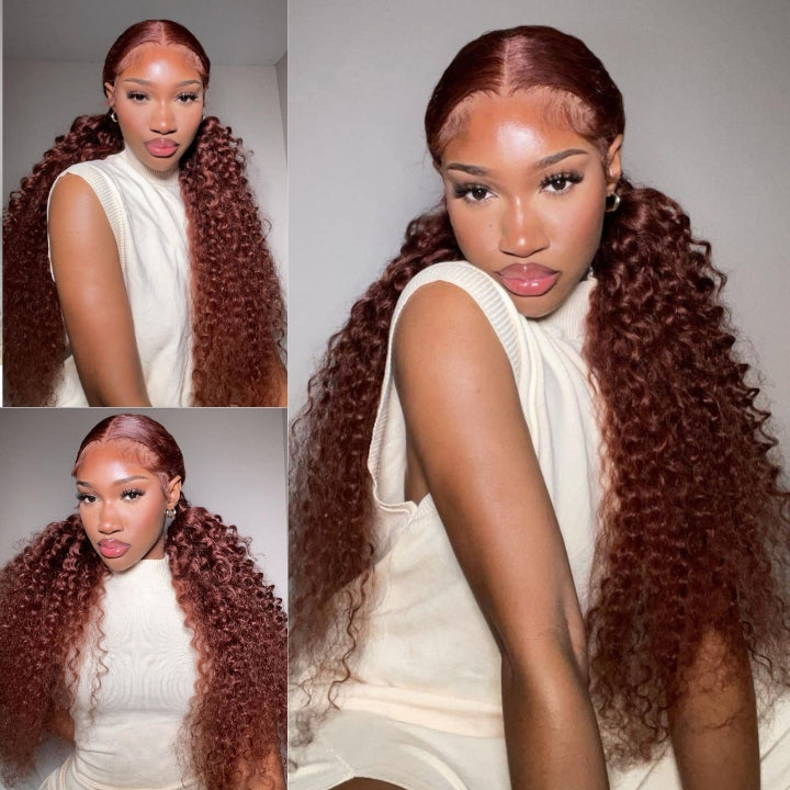 Reddish Brown Jerry Curly 13x4 HD Lace Front Wig Auburn Transparent Lace Human Hair Wigs Daisy Hair