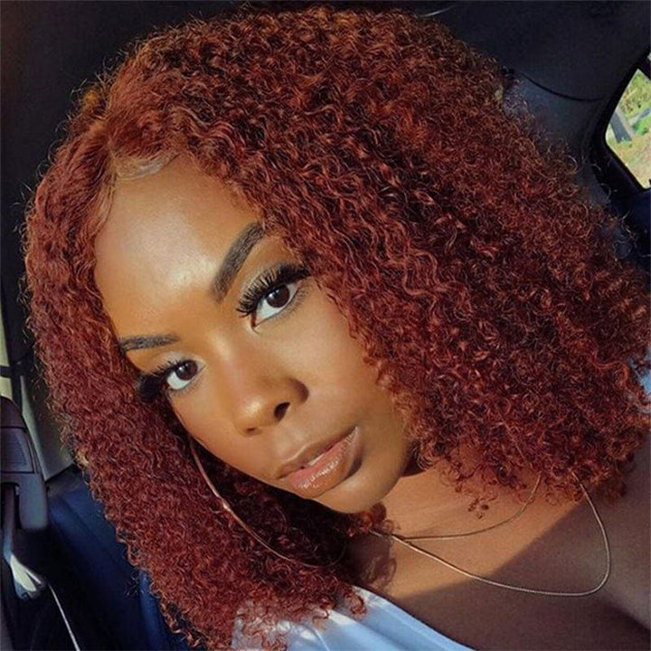 Reddish Brown Kinky Curly HD Lace Bob Wig Auburn Afro Curly Invisible Lace Human Hair Bob Wigs Daisy Hair