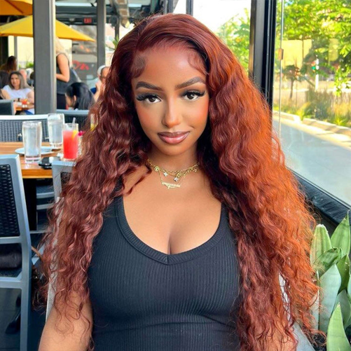 Reddish Brown Water Wave 13x4 Glueless HD Lace Front Wig Auburn Colored Transparent 5x5 Closure Lace Human Hair Wigs Daisy Hair