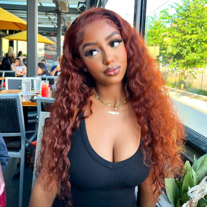 Reddish Brown Water Wave 13x4 Glueless HD Lace Front Wig Auburn Colored Transparent 5x5 Closure Lace Human Hair Wigs Daisy Hair