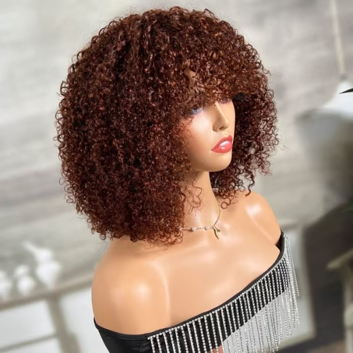 Reddish Brown Curly Bob Wig with Bangs Human Hair Short Human Hair Wigs for Black Women 180% Density - Daisy Hair